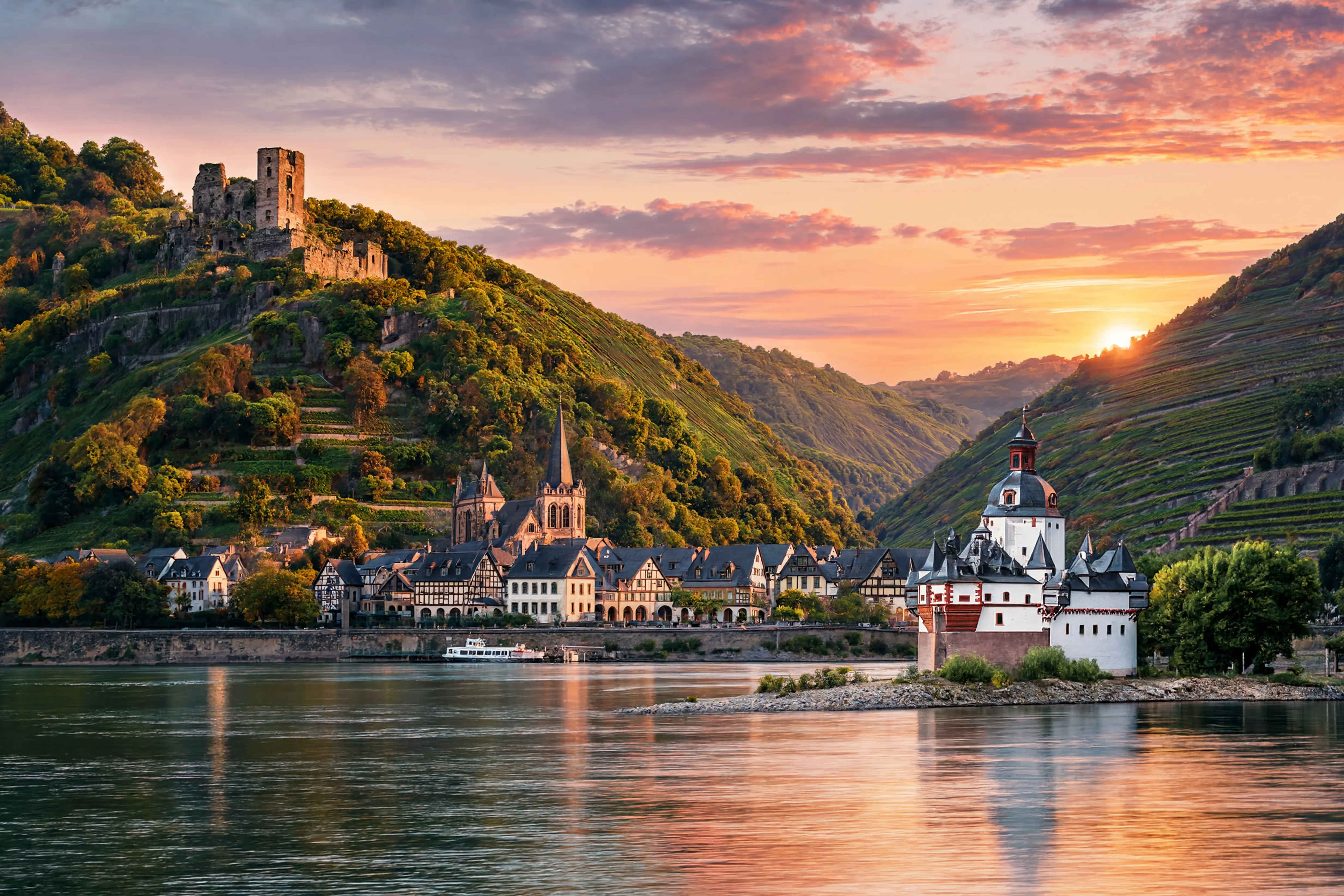 Rheintal Weinberge bei Sonnenuntergang — Mittelrhein Deutschland