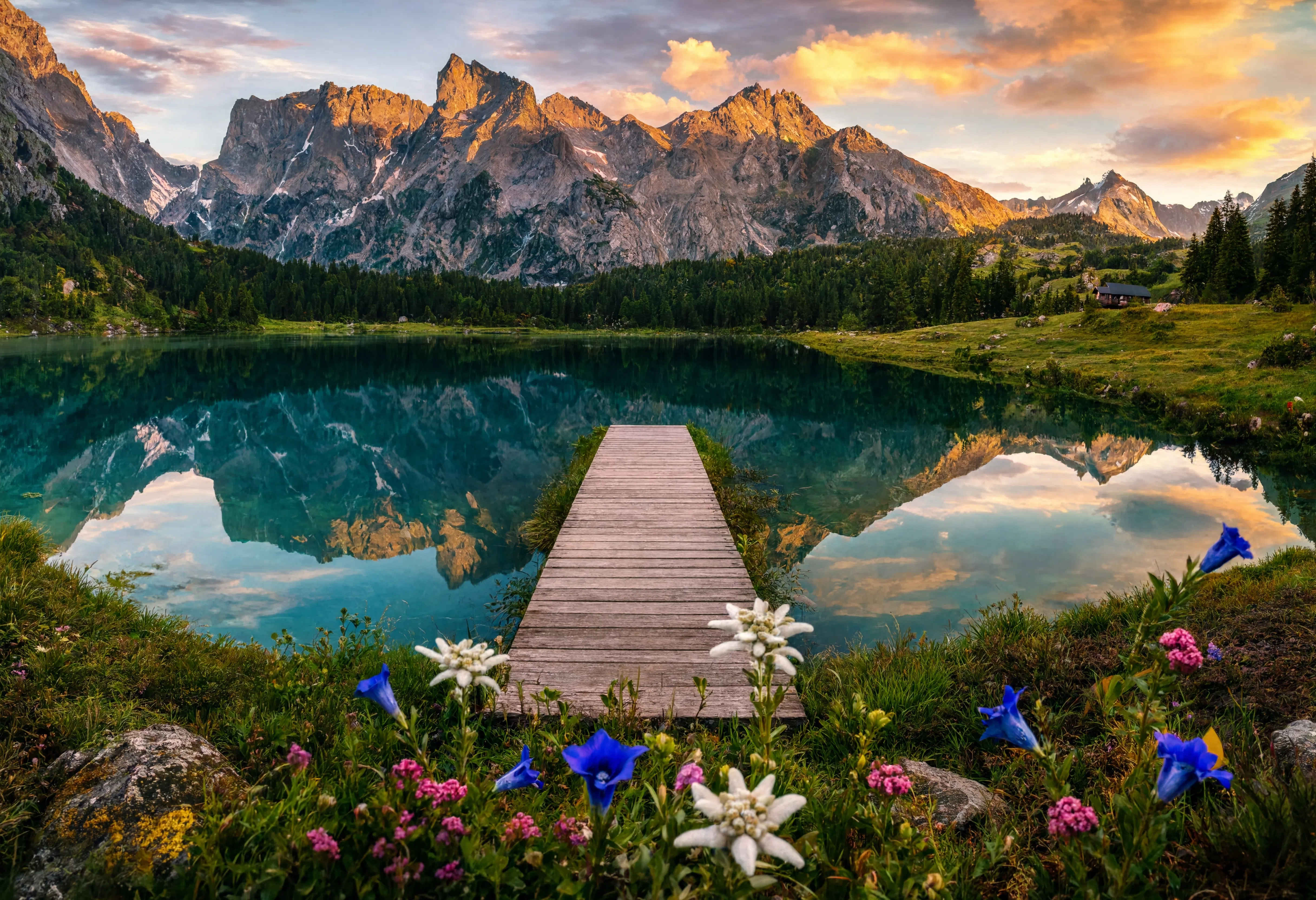 Bayerischer Bergsee — Spiegelklares Wasser und Alpenkulisse